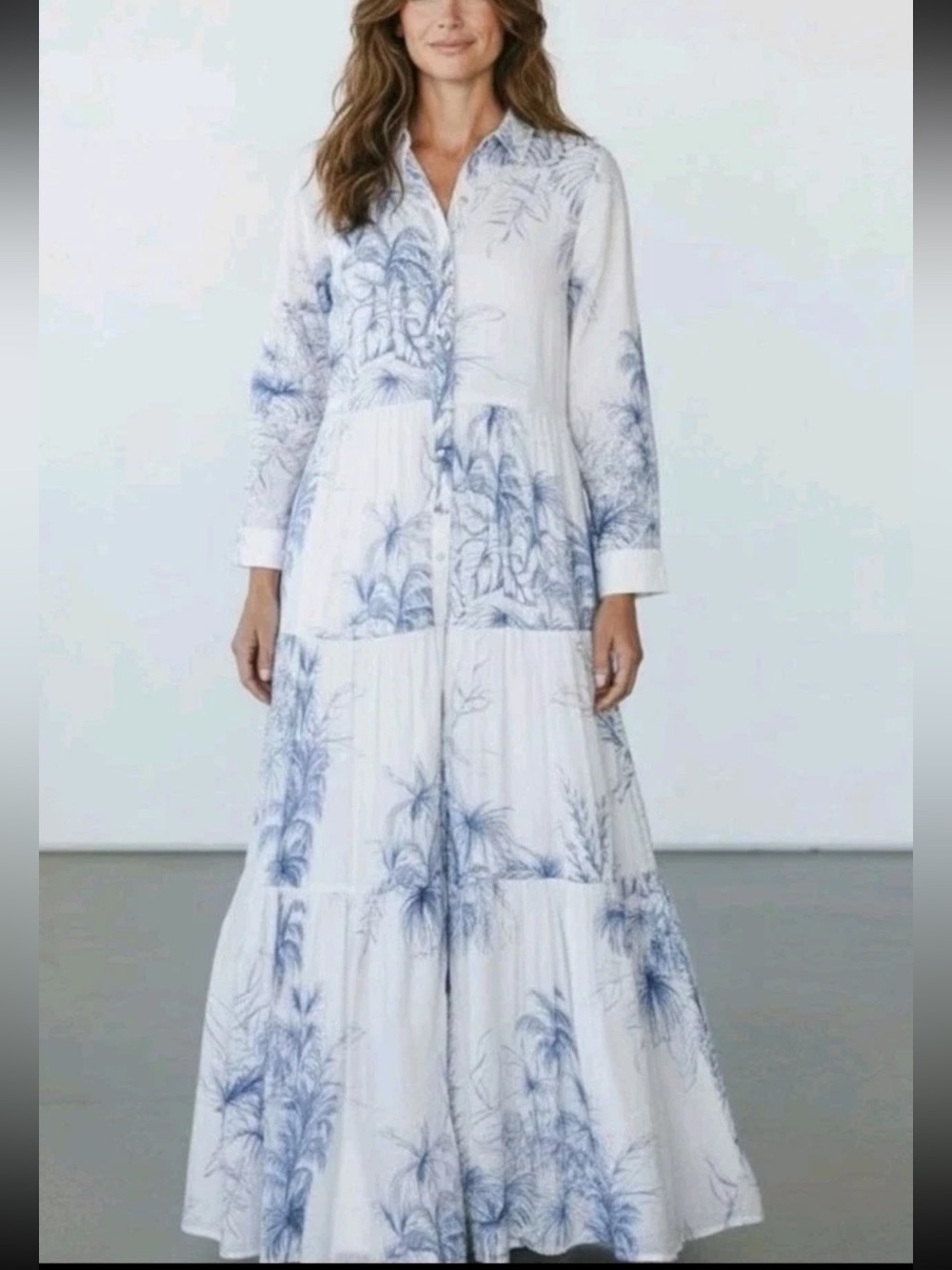 1. State White Maxi Shirt Dress with Blue Botanical Print Size Small BNWT